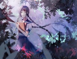 Rule 34 | 1girl, bad id, bad pixiv id, black eyes, blue skirt, blunt bangs, book, braid, dated, forest, highres, holding, holding book, long hair, nature, outdoors, pleated skirt, school uniform, shirt, short sleeves, skirt, solo, standing, twin braids, very long hair, white shirt, yumi (honey)