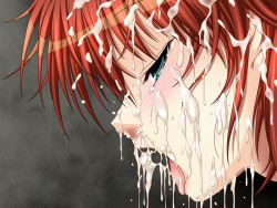 Rule 34 | 1girl, after fellatio, ahegao, blush, cum, cum in nose, cum on hair, facial, game cg, half-closed eyes, in&#039;youchuu, in&#039;youchuu shoku, open mouth, red hair, shiratori takeru, simple background, sweat, tears, tongue, tongue out