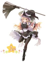 Rule 34 | 1girl, :d, arm above head, arms up, black bow, black footwear, black hat, black pantyhose, black skirt, black vest, blonde hair, blush, bow, braid, broom, commentary request, frilled skirt, frills, full body, gloves, hair bow, hat, highres, holding, holding broom, kirisame marisa, large bow, leg up, long hair, looking at viewer, namiki (remiter00), one eye closed, open mouth, pantyhose, puffy short sleeves, puffy sleeves, shirt, short sleeves, side braid, single braid, skirt, smile, solo, touhou, translated, vest, victory pose, white background, white bow, white gloves, white shirt, witch, witch hat, yellow eyes