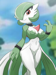 Rule 34 | 1girl, absurdres, areola slip, black choker, blue sky, blurry, blurry background, bob cut, bracelet, breasts, choker, cleavage, closed mouth, colored nipples, colored skin, covered erect nipples, creatures (company), day, female focus, game freak, gardevoir, gen 3 pokemon, green hair, green nipples, green skin, groin, hair over one eye, hand up, happy, highres, jewelry, large breasts, looking at viewer, multicolored skin, nintendo, one eye covered, outdoors, pokemon, pokemon (creature), red eyes, shiny skin, short hair, skarlet jewel, sky, smile, solo, standing, thighs, two-tone skin, walking, white skin, wide hips