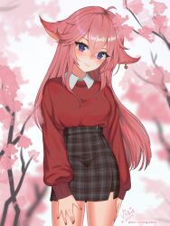 Rule 34 | 1girl, alternate costume, animal ears, breasts, cherry blossoms, closed mouth, earrings, genshin impact, highres, jewelry, long hair, long sleeves, looking at viewer, medium breasts, pink hair, purple eyes, red shirt, shirt, single earring, skirt, smile, solo, vickie (cryingrobot), yae miko