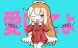Rule 34 | 1girl, ;d, angel wings, text background, bad id, bad twitter id, blonde hair, blue background, blush stickers, commentary request, gabriel dropout, gabriel tenma white, hair between eyes, halo, hana kazari, hands up, heart, heart hands, highres, jacket, long hair, long sleeves, looking at viewer, low wings, one eye closed, open mouth, purple eyes, red jacket, smile, solo, track jacket, trait connection, translation request, very long hair, white wings, wings