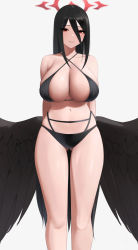 Rule 34 | 1girl, bikini, black bikini, black hair, blue archive, breasts, cleavage, feathered wings, hair between eyes, halo, halterneck, hasumi (blue archive), highres, large breasts, long hair, looking at viewer, low wings, mole, mole under eye, multi-strapped bikini, navel, red eyes, senju (snz0), simple background, smile, solo, swimsuit, white background, wings