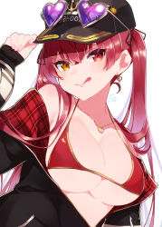 Rule 34 | 1girl, :q, absurdres, bikini, black hat, blush, breasts, earrings, eyewear on headwear, hat, heart, heart-shaped eyewear, heart earrings, heart necklace, heterochromia, highres, hololive, houshou marine, houshou marine (summer), jewelry, large breasts, looking at viewer, nabeniuitagomi, necklace, red bikini, red eyes, simple background, solo, sunglasses, swimsuit, tongue, tongue out, virtual youtuber, white background, yellow eyes