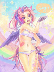 Rule 34 | 1girl, animal ears, bikini, cloud, colored eyelashes, english text, facial mark, flyleaf, forehead mark, gloves, hand on own hip, heart, heart facial mark, heart tattoo, multicolored hair, navel, open mouth, original, panties, purple eyes, rainbow, side-tie panties, signature, sky, smile, solo, sparkle, swimsuit, tail, tattoo, taut clothes, thigh gap, underwear, white bikini, wings