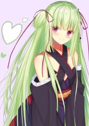 Rule 34 | 1girl, absurdres, bare shoulders, bell, black kimono, black sleeves, blunt bangs, blunt ends, blush, breasts, closed mouth, commentary, cowboy shot, criss-cross halter, detached sleeves, eyelashes, eyes visible through hair, green hair, hair bell, hair ornament, hair ribbon, halterneck, heart, highres, japanese clothes, kiki0319i, kimono, long hair, long sleeves, looking at viewer, murasame (senren), pom pom (clothes), purple background, purple ribbon, red eyes, red sash, ribbon, sash, senren banka, sidelocks, simple background, small breasts, smile, solo, standing, straight hair, two side up, very long hair, wide sleeves