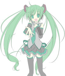 Rule 34 | 1girl, detached sleeves, gotou nao, green eyes, green hair, hair ornament, hatsune miku, headphones, headset, long hair, matching hair/eyes, microphone, necktie, open mouth, reaching, simple background, skirt, solo, thighhighs, twintails, unfinished, vocaloid, white background, zettai ryouiki
