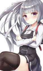 Rule 34 | 10s, 1girl, backpack, bad id, bad pixiv id, bag, belt, black legwear, blush, buttons, closed mouth, commentary request, crossed arms, dress, eyebrows, gradient eyes, grey hair, hamalu, highres, kantai collection, kasumi (kancolle), kasumi kai ni (kancolle), long hair, looking at viewer, multicolored eyes, pinafore dress, purple eyes, randoseru, ribbon, school bag, school uniform, side ponytail, simple background, sleeveless, sleeveless dress, solo, vest, white background, white ribbon