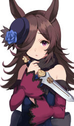 Rule 34 | 1girl, bare shoulders, blue dress, blue flower, blue hat, blue rose, blush, brown hair, commentary request, dagger, dress, flower, fur collar, hair over one eye, hat, hat flower, highres, holding, holding dagger, holding knife, holding weapon, kirarin369, knife, long hair, looking at viewer, off-shoulder dress, off shoulder, parted lips, purple eyes, rice shower (umamusume), rose, simple background, solo, tilted headwear, umamusume, upper body, very long hair, weapon, white background