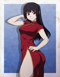 Rule 34 | 1girl, ass, black hair, breasts, china dress, chinese clothes, chuunioniika, commentary, cowboy shot, dress, hair flip, hand on own hip, highres, kanoe yuuko, long hair, looking at viewer, medium breasts, nail polish, no panties, red dress, red eyes, red nails, side slit, smile, solo, tasogare otome x amnesia, thighs