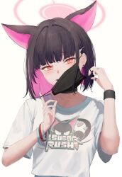 Rule 34 | 1girl, animal ears, black hair, blue archive, cat ears, hair ornament, hairpin, highres, hopuritan., kazusa (band) (blue archive), kazusa (blue archive), looking at viewer, mask, mask pull, mouth mask, official alternate costume, pink hair, red eyes, shirt, short hair, smile, solo, white background, white shirt