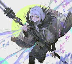 Rule 34 | 1boy, grey eyes, highres, holding, holding weapon, long sleeves, looking at viewer, male focus, medium hair, nier (series), nier reincarnation, rion (nier), sawana, smile, solo, solo focus, staff, weapon, white hair