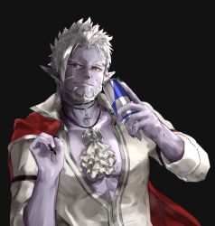Rule 34 | 1boy, beard, cape, unworn cape, closed mouth, colored skin, commentary, energy drink, epi zero, facial hair, gilzaren iii, highres, jewelry, male focus, necklace, nijisanji, pointy ears, purple skin, red eyes, short hair, smile, solo, virtual youtuber, white hair