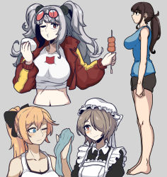 Rule 34 | 4girls, ;t, absurdres, animal ears, arknights, bare legs, bianka durandal ataegina, black eyes, black hair, black shorts, blonde hair, blue eyes, blue shirt, breasts, clenched hand, collarbone, commentary request, crop top, cropped jacket, cropped torso, dinoyhs, feater (arknights), feater (gourmet) (arknights), food, full body, grey background, grey hair, hair over one eye, hand up, hat, highres, holding, holding food, honkai (series), honkai impact 3rd, jacket, large breasts, long hair, long sleeves, looking at viewer, low ponytail, midriff, mob cap, multiple girls, navel, official alternate costume, open clothes, open jacket, panda ears, red eyes, red jacket, revision, rita rossweisse, shirt, short shorts, shorts, simple background, sleeveless, sleeveless shirt, standing, stomach, t-shirt, thighs, twintails, upper body, white headwear, white shirt