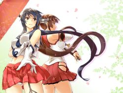 Rule 34 | 10s, 2girls, abo (hechouchou), asymmetrical legwear, bare shoulders, black hair, breasts, brown eyes, brown hair, cherry blossoms, collarbone, detached sleeves, floral background, flower, garter straps, glove pull, gloves, headgear, kantai collection, large breasts, long hair, midriff, multiple girls, navel, panties, pantyshot, pleated skirt, ponytail, red eyes, red skirt, skirt, standing, umbrella, underwear, uneven legwear, very long hair, white background, white gloves, yahagi (kancolle), yamato (kancolle), z flag
