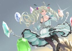 Rule 34 | 1girl, ahoge, aiu eo, de la fille, dress, drill hair, elbow gloves, from behind, gem, gloves, granblue fantasy, highres, long dress, pantyhose, smile, solo, twintails