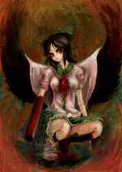 Rule 34 | 1girl, arm cannon, asymmetrical footwear, black feathers, black hair, black socks, bow, breasts, brown background, cape, closed mouth, collared shirt, dark background, feathered wings, feathers, frilled shirt collar, frilled skirt, frills, full body, green bow, green skirt, hair bow, head tilt, hiepita (1014), highres, kneehighs, looking at viewer, medium breasts, medium hair, mismatched footwear, multicolored background, red eyes, reiuji utsuho, shirt, skirt, socks, solo, squatting, third eye on chest, touhou, weapon, white cape, white shirt, wings