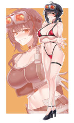 Rule 34 | 1girl, absurdres, ahoge, bare shoulders, bikini, black hair, breasts, cleavage, dogs (dlrkdejr26), full body, goggles, goggles on head, grace howard, hair between eyes, high heels, highres, large breasts, looking at viewer, navel, orange eyes, solo, swimsuit, zenless zone zero