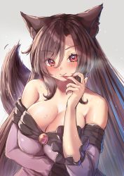 Rule 34 | 1girl, animal ears, bare shoulders, breasts, brooch, brown hair, cleavage, dress, grey background, imaizumi kagerou, jewelry, large breasts, long hair, long sleeves, nail polish, off shoulder, onomiya, red eyes, red nails, solo, sweat, touhou, wolf ears
