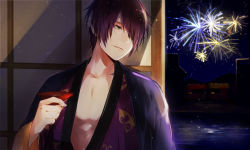Rule 34 | 13knight, 1boy, alcohol, animal print, bandages, bandage over one eye, bowl, butterfly print, collarbone, cup, fireworks, gintama, green eyes, hair over one eye, holding, image sample, indoors, japanese clothes, kimono, looking to the side, male focus, night, night sky, parted lips, pectorals, pixiv sample, purple hair, sakazuki, sake, short hair, sign, sky, sliding doors, smile, solo, takasugi shinsuke, upper body, water
