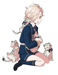 Rule 34 | 10s, 1boy, blonde hair, freckles, full body, gokotai, gokotai&#039;s tigers, hair over one eye, highres, knhl, male focus, shorts, simple background, sitting, tiger, tiger cub, touken ranbu, white background, white tiger, yellow eyes