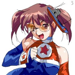 Rule 34 | 1girl, brown eyes, brown hair, detached sleeves, gender request, genderswap, glasses, gloves, hair ornament, happy, kim jong-il, looking at viewer, lowres, north korea, north korean flag, open mouth, simple background, smile, solo, white background