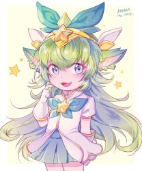 Rule 34 | alternate costume, alternate hair color, alternate hairstyle, blue eyes, bow, fang, gloves, green hair, highres, league of legends, lulu (league of legends), magical girl, staff, star guardian (league of legends), star guardian lulu, yordle