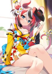 Rule 34 | 1girl, :3, animal ears, bare shoulders, black hair, blue eyes, breasts, cleavage, closed mouth, collarbone, commentary, detached sleeves, double bun, flower, hair between eyes, hair bun, hair flower, hair ornament, hakos baelz, hakos baelz (new year), highres, hololive, hololive english, indoors, japanese clothes, kimono, kutata, legs, long hair, looking at viewer, mask, mask on head, medium breasts, mouse ears, mouse girl, mouse mask, mouse tail, multicolored hair, obi, off shoulder, red hair, sash, sitting, solo, tail, thighs, virtual youtuber, white flower, white hair, window, yellow kimono, yellow sleeves