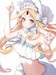 Rule 34 | 1girl, abigail williams (fate), abigail williams (swimsuit foreigner) (fate), abigail williams (swimsuit foreigner) (third ascension) (fate), bare shoulders, bikini, blonde hair, blue eyes, blush, bonnet, bow, braid, braided hair rings, breasts, fate/grand order, fate (series), forehead, hair bow, hair rings, highres, keyhole, long hair, looking at viewer, mikan (chipstar182), miniskirt, navel, open mouth, parted bangs, sidelocks, simple background, skirt, small breasts, swimsuit, twin braids, twintails, very long hair, white background, white bikini, white bow, white headwear