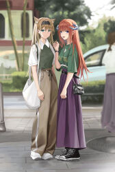 Rule 34 | 2girls, absurdres, animal ear fluff, animal ears, aqua eyes, arknights, bag, bagpipe (arknights), belt, black belt, black hairband, blonde hair, blue eyes, blurry, blurry background, bracelet, breasts, brown pants, casual, closed mouth, collared shirt, commentary, cropped shirt, dragon horns, english commentary, feet out of frame, gaai, green shirt, green vest, hair between eyes, hairband, highres, horn (arknights), horns, jewelry, long hair, long skirt, looking at viewer, medium breasts, multiple girls, open mouth, orange hair, outdoors, pants, pink skirt, pleated skirt, shirt, short sleeves, shoulder bag, sidelocks, skirt, standing, vest, white shirt, wolf ears, wolf girl