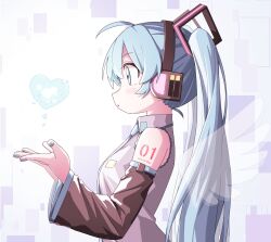 Rule 34 | 1girl, arm tattoo, blue eyes, blue hair, blue nails, character name, collared shirt, commentary, detached sleeves, electric angel (vocaloid), from side, grey shirt, hair between eyes, hatsune miku, headphones, heart, highres, long hair, nail polish, necktie, profile, shirt, simple background, sleeveless, sleeveless shirt, solo, tattoo, twintails, upper body, very long hair, vocaloid, wings, yachima tana