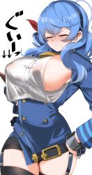 Rule 34 | 1girl, absurdres, ako (blue archive), bell, black skirt, black thighhighs, blue archive, blue gloves, blue hair, blue jacket, blush, breasts, buttons, clenched teeth, clipboard, closed eyes, collar, cowbell, cuffs, double-breasted, garter straps, gloves, hair between eyes, hair ribbon, hairband, half gloves, halo, highres, jacket, large breasts, long hair, long sleeves, loose clothes, maou (maoudaisukiya), miniskirt, pencil skirt, ribbon, shackles, sideboob, skirt, solo, teeth, thighhighs, thighs, translation request, underbust