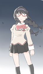 Rule 34 | 1girl, absurdres, aged down, akemi homura, black legwear, black skirt, blouse, bow, bowtie, braid, breasts, closed mouth, debris, feet out of frame, frown, glasses, gradient background, grey background, hair between eyes, hair bobbles, hair ornament, hairband, highres, jitome, long hair, long sleeves, looking to the side, mahou shoujo madoka magica, mitakihara school uniform, nervous, pleated skirt, puffy long sleeves, puffy sleeves, purple eyes, purple hairband, python octopus, red-framed eyewear, red bow, red bowtie, school uniform, semi-rimless eyewear, shirt, sidelocks, skirt, sleeve cuffs, small breasts, solo, sweatdrop, twin braids, uniform, white shirt