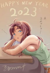 Rule 34 | 1girl, 2023, ahoge, blue eyes, blush, breast press, breast rest, breasts, breasts on table, brown hair, english text, from side, green shirt, happy new year, highres, kotatsu, large breasts, long hair, looking at viewer, malcorond, messy hair, new year, orange shorts, original, parted lips, shirt, shorts, sideboob, sleepy, solo, table