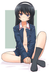 Rule 34 | 1girl, black hair, black socks, blue eyes, blue jacket, closed mouth, commentary, girls und panzer, hairband, highres, indian style, jacket, knee up, light frown, long hair, long sleeves, looking at viewer, military, military uniform, naked jacket, navel, ooarai military uniform, reizei mako, sitting, socks, solo, uniform, uona telepin, v arms, white hairband