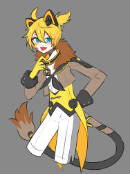 Rule 34 | 1boy, animal ears, aqua eyes, black neckerchief, blonde hair, collar, cropped legs, fake animal ears, fang, flat color, fur-trimmed sleeves, fur collar, fur trim, gloves, grey background, hand on own hip, highres, kagamine len, lion boy, lion ears, lion tail, long sleeves, magical mirai (vocaloid), magical mirai len, magical mirai len (2019), male focus, mechanical ears, monitaros 393, neckerchief, short ponytail, shorts, simple background, skin fang, solo, tail, tailcoat, vocaloid, white shorts, yellow gloves