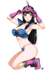 Rule 34 | 1girl, armor, armpits, arms up, ass, bare legs, bikini armor, black eyes, black hair, blush, boots, breasts, chi-chi (dragon ball), cleavage, dragon ball, female focus, full body, gloves, helmet, hime cut, kneeling, large breasts, long hair, looking at viewer, midriff, navel, open mouth, purple gloves, solo, xter