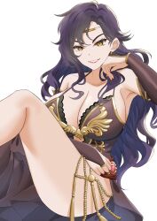 Rule 34 | 1girl, absurdres, arm under breasts, armpits, bare shoulders, black dress, black hair, blush, breasts, bridal gauntlets, circlet, cleavage, collarbone, commission, commissioner upload, detached sleeves, dress, earrings, elbow gloves, feet out of frame, fingernails, fire emblem, fire emblem: the blazing blade, fire emblem heroes, genm7, gloves, gold trim, grin, hair lift, halterneck, head rest, highres, jewelry, knee up, large breasts, lipstick, long hair, looking at viewer, makeup, nail polish, nintendo, non-web source, plunging neckline, side slit, sideboob, sitting, smile, solo, sonia (fire emblem: the blazing blade), teeth, thighs, transparent background, v-shaped eyebrows, yellow eyes