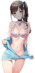 Rule 34 | 1girl, absurdres, alternate hairstyle, bare legs, bare shoulders, bikini, bikini top only, black choker, blue ribbon, blush, breasts, brown eyes, brown hair, choker, cleavage, collarbone, earrings, gluteal fold, hair over shoulder, hair ribbon, halterneck, highres, huge filesize, idolmaster, idolmaster shiny colors, jacket, jewelry, layered bikini, long hair, looking at viewer, medium breasts, multicolored bikini, multicolored clothes, multicolored jacket, navel, open clothes, open jacket, pocket, ponytail, ribbon, sakuyunomi, side ponytail, sidelocks, simple background, solo, sonoda chiyoko, swimsuit, two-tone jacket, unzipped, white background