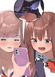 Rule 34 | 2girls, blue eyes, blush, bow, bowtie, breasts, brown hair, cellphone, cleavage, clothes lift, disembodied limb, holding, holding phone, kaisen chuui, large breasts, lifting another&#039;s clothes, looking at phone, multiple girls, open mouth, original, panties, pantyshot, phone, red bow, red bowtie, school uniform, side-tie panties, simple background, skirt, skirt lift, underwear, white background