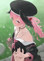 Rule 34 | 1girl, absurdres, bag, black headwear, black serafuku, blue archive, blush, collarbone, commentary, fangfangtu, grass, highres, holding, holding bag, holding hands, koharu (blue archive), long sleeves, looking at viewer, neckerchief, off shoulder, open mouth, pink eyes, pink hair, pink neckerchief, pov, school uniform, serafuku, shirt, solo focus, symbol-only commentary, twintails, winged hat