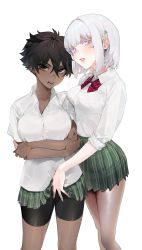Rule 34 | 2girls, absurdres, albino, bad id, bad pixiv id, black eyes, black hair, black nails, blue nails, bow, bowtie, clothes lift, collared shirt, commentary request, couple, dark-skinned female, dark skin, green skirt, hair between eyes, highres, interracial, looking at viewer, micchan (ohisashiburi), multiple girls, nacchan (ohisashiburi), nail polish, ohisashiburi, open mouth, original, pantyhose, pink eyes, pleated skirt, red neckwear, shirt, shirt tucked in, short hair, short sleeves, silver hair, simple background, skirt, standing, teeth, tomboy, white background, white shirt, yuri