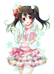 Rule 34 | 10s, 1girl, asymmetrical gloves, black hair, bow, cowboy shot, frilled skirt, frills, fur trim, gloves, hair bow, hair ornament, headset, idol, looking at viewer, love live!, love live! school idol project, open mouth, pom pom (clothes), red eyes, simple background, skirt, smile, snow halation, snowflakes, solo, thighhighs, toro (shiro), twintails, uneven gloves, white background, white thighhighs, yazawa nico