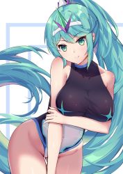 Rule 34 | 1girl, absurdres, aqua eyes, aqua hair, bare shoulders, blush, breast hold, breasts, closed mouth, collarbone, competition swimsuit, covered navel, cowboy shot, eol 9, female focus, gluteal fold, groin, hairband, hand on own arm, head tilt, high ponytail, highleg, highleg swimsuit, highres, large breasts, leaning forward, long hair, looking at viewer, matching hair/eyes, multicolored clothes, multicolored swimsuit, nintendo, one-piece swimsuit, pneuma (xenoblade), sidelocks, smile, solo, spoilers, straight hair, swimsuit, thigh gap, two-tone background, very long hair, white hair ornament, white hairband, xenoblade chronicles (series), xenoblade chronicles 2