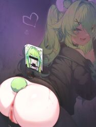 Rule 34 | 1girl, :d, animal ears, ass, black shirt, blur censor, censored, character request, copyright request, from behind, glory wall, green hair, heart, heart-shaped pupils, highres, kupa (jesterwii), long hair, long sleeves, looking at viewer, looking back, open mouth, photo (object), shirt, smile, stuck, symbol-shaped pupils, tail, through wall, virtual youtuber
