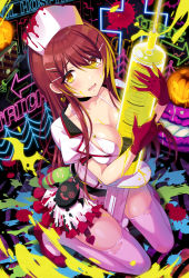 Rule 34 | 1girl, between breasts, blood, blood on clothes, blush, bra, breasts, brown hair, choker, cleavage, collarbone, commentary request, dress, earrings, frilled dress, frills, from above, gloves, hair between eyes, hair ornament, hairclip, halloween, hat, highres, idolmaster, idolmaster shiny colors, jewelry, kneeling, long hair, looking at viewer, looking up, medium breasts, nurse, nurse cap, open mouth, osaki tenka, pink thighhighs, puffy short sleeves, puffy sleeves, red gloves, short dress, short sleeves, solo, syringe, thighhighs, torn clothes, torn thighhighs, underwear, urabi (tomatohouse), white bra, white dress, yellow eyes