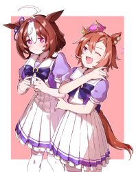 Rule 34 | 2girls, ahoge, animal ears, blush, bow, bowtie, breasts, brown hair, crown, fingers together, flat chest, hairband, highres, horse ears, horse girl, horse tail, laughing, medium breasts, meisho doto (umamusume), mini crown, multicolored hair, multiple girls, nanaheibei 3, notice lines, one eye closed, open mouth, orange hair, pleated skirt, purple bow, purple bowtie, purple eyes, purple shirt, ringed eyes, sailor collar, school uniform, shirt, short hair, skirt, standing, t.m. opera o (umamusume), tail, thighhighs, tracen school uniform, two-tone hair, umamusume, white hair, white skirt, white thighhighs