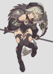 Rule 34 | 1girl, arknights, black footwear, black gloves, black thighhighs, closed mouth, crocodilian tail, detached sleeves, full body, gavial (arknights), gloves, goggles, goggles around neck, grey background, grey flower, grey hair, hair over one eye, highres, hood, hood up, long hair, looking at viewer, mgong520, pointy ears, reptile girl, scales, simple background, single sidelock, sitting, skindentation, sleeveless, solo, tail, tail strap, thighhighs, tomimi (arknights), torn clothes, torn thighhighs, yellow eyes