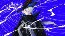 Rule 34 | 1boy, adjusting clothes, adjusting collar, arknights, black gloves, blue background, commentary, gloves, grey hair, hat, high collar, highres, porilas2, profile, red eyes, short hair, simple background, solo, ulpianus (arknights), upper body, whale