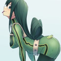 Rule 34 | 1girl, all fours, animal, arched back, ass, asui tsuyu, belt, blush, bodysuit, boku no hero academia, breasts, commentary request, frog, from side, gloves, green bodysuit, green eyes, green hair, grey background, grey belt, hair rings, highres, kobaji, long hair, long sleeves, long tongue, looking at viewer, low-tied long hair, medium breasts, shiny clothes, simple background, smile, solo, tongue, tongue out, wet